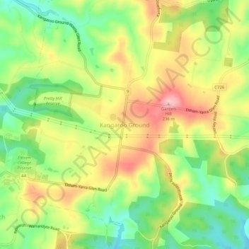 Topografinen kartta Kangaroo Ground, korkeus, helpotus