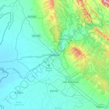 Topografinen kartta Jammu, korkeus, helpotus