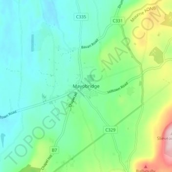 Topografinen kartta Mayobridge, korkeus, helpotus