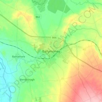 Topografinen kartta Ballymoney, korkeus, helpotus