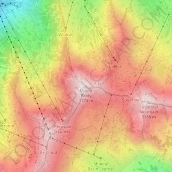 Topografinen kartta Mount Baldy, korkeus, helpotus