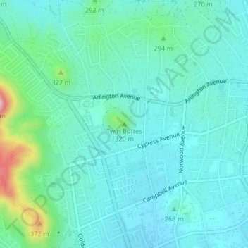 Topografinen kartta Twin Buttes, korkeus, helpotus