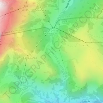 Topografinen kartta Passo Campolongo, korkeus, helpotus