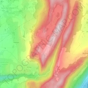 Topografinen kartta Montcoux, korkeus, helpotus