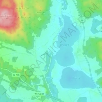 Topografinen kartta Hyttbäcken, korkeus, helpotus