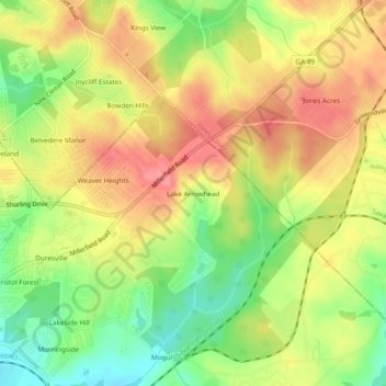 Topografinen kartta Lake Arrowhead, korkeus, helpotus