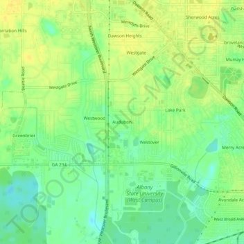 Topografinen kartta Audubon, korkeus, helpotus