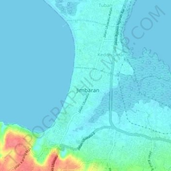 Topografinen kartta Jimbaran, korkeus, helpotus