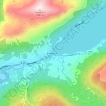Topografinen kartta Vassenden, korkeus, helpotus