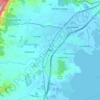 Topografinen kartta Dapto, korkeus, helpotus