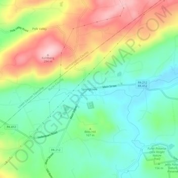 Topografinen kartta Springtown, korkeus, helpotus
