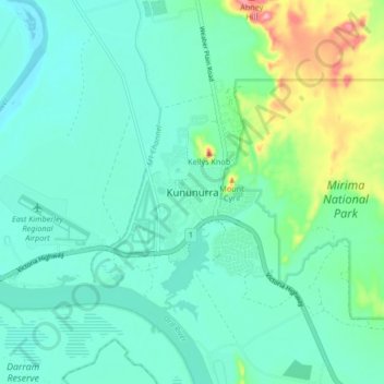 Topografinen kartta Kununurra, korkeus, helpotus