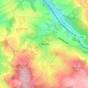 Topografinen kartta Clausnitz, korkeus, helpotus