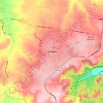 Topografinen kartta Highfields, korkeus, helpotus
