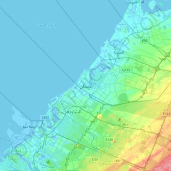 Topografinen kartta Ajman, korkeus, helpotus