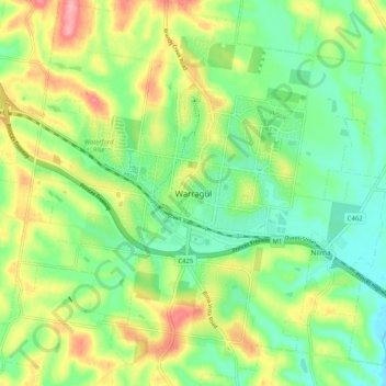 Topografinen kartta Warragul, korkeus, helpotus
