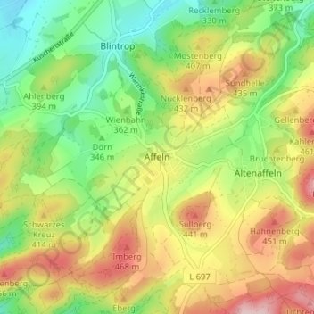 Topografinen kartta Affeln, korkeus, helpotus
