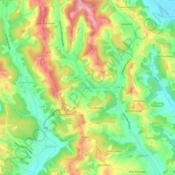 Topografinen kartta Unterauersbach, korkeus, helpotus