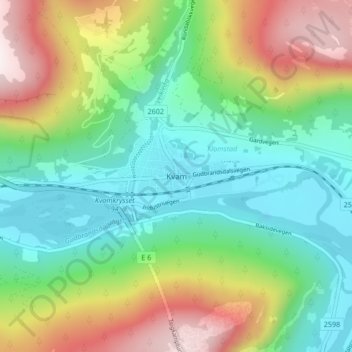 Topografinen kartta Kvam, korkeus, helpotus