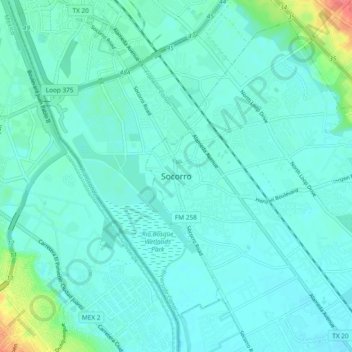 Topografinen kartta Socorro, korkeus, helpotus