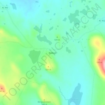 Topografinen kartta Kroksjö, korkeus, helpotus