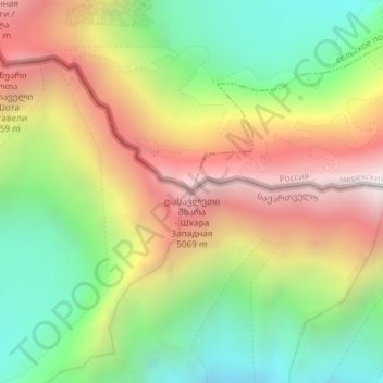 Topografinen kartta West Shkhara, korkeus, helpotus