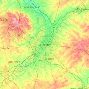Topografinen kartta Leicester, korkeus, helpotus