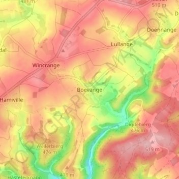 Topografinen kartta Boevange, korkeus, helpotus