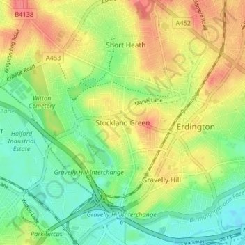 Topografinen kartta Stockland Green, korkeus, helpotus