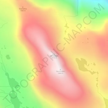 Topografinen kartta Dønttinden, korkeus, helpotus