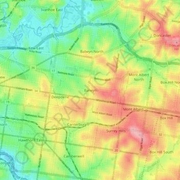Topografinen kartta Balwyn, korkeus, helpotus