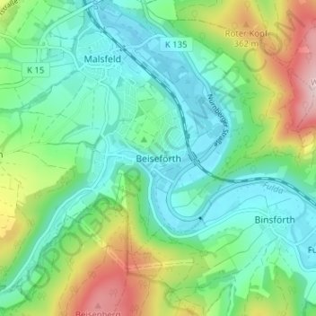 Topografinen kartta Beiseförth, korkeus, helpotus