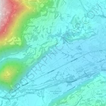 Topografinen kartta Mugnai, korkeus, helpotus