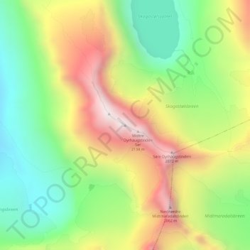 Topografinen kartta Midtre Dyrhaugstinden Nord, korkeus, helpotus