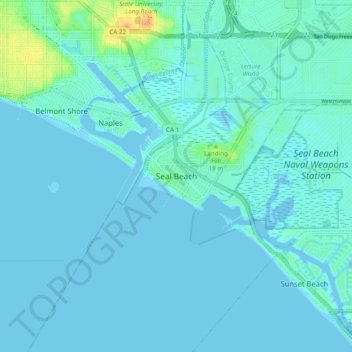 Topografinen kartta Seal Beach, korkeus, helpotus