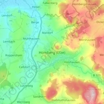 Topografinen kartta Homberg (Efze), korkeus, helpotus