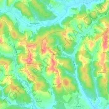 Topografinen kartta Fantsch, korkeus, helpotus