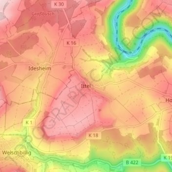 Topografinen kartta Ittel, korkeus, helpotus