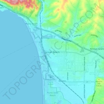 Topografinen kartta Grover Beach, korkeus, helpotus