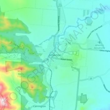 Topografinen kartta Atherton, korkeus, helpotus