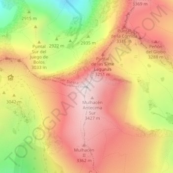 Topografinen kartta Pico de Mulhacén, korkeus, helpotus