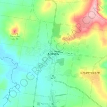 Topografinen kartta Kingaroy, korkeus, helpotus