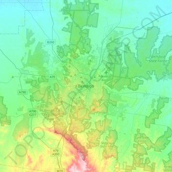 Topografinen kartta Bendigo, korkeus, helpotus