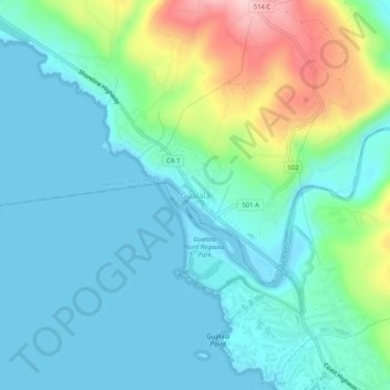 Topografinen kartta Gualala, korkeus, helpotus