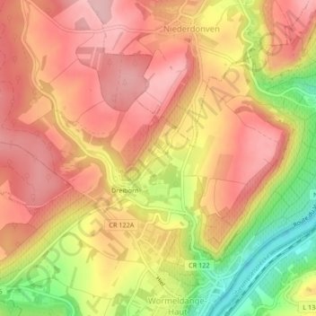 Topografinen kartta Billek, korkeus, helpotus