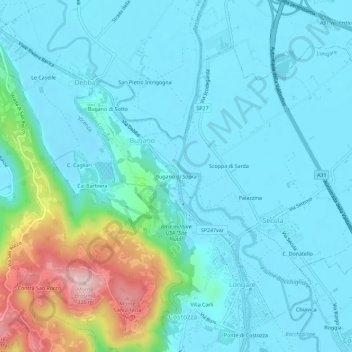 Topografinen kartta Bugano di Sopra, korkeus, helpotus