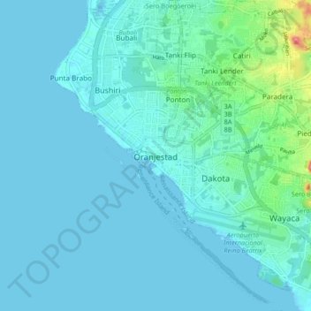 Topografinen kartta Oranjestad, korkeus, helpotus