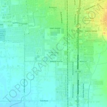 Topografinen kartta South Santa Rosa, korkeus, helpotus