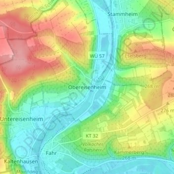 Topografinen kartta Obereisenheim, korkeus, helpotus