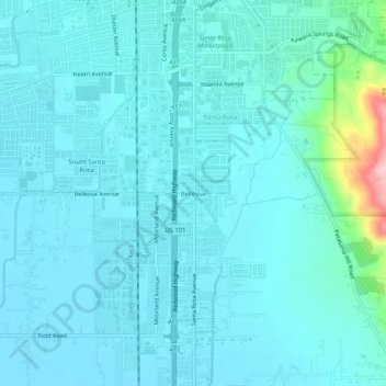 Topografinen kartta Bellevue, korkeus, helpotus